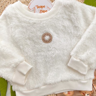 Conj. Casaco Flor Pelo Carneirinho e Calça Legging Ursinhas - Off White e Marrom